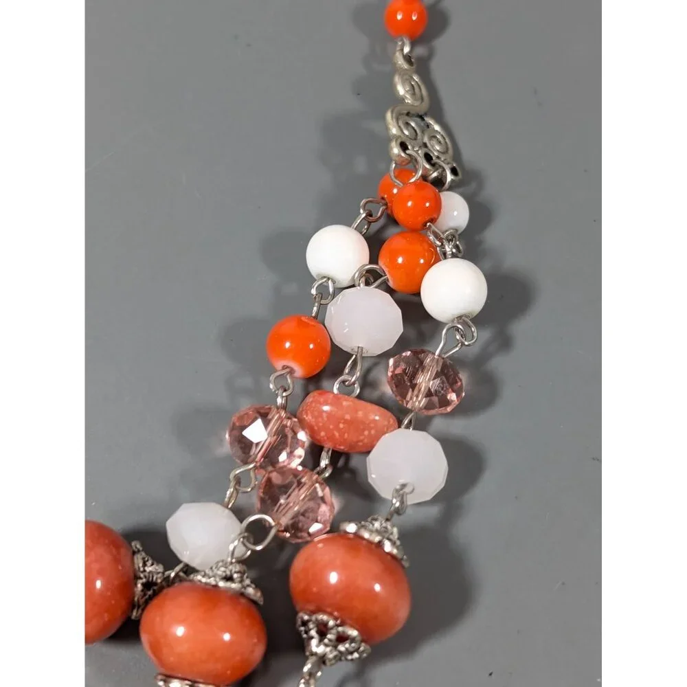 Boho Coastal Chic‎ White Orange Brown Stone Layered Necklace 17